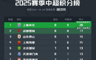 中超积分榜：申花领跑，蓉城升次席。