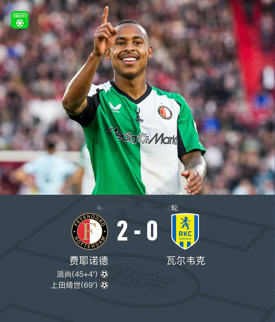 费耶诺德2-0瓦尔韦克锁定欧冠附加赛资格，派尚传射，上田绮世破门