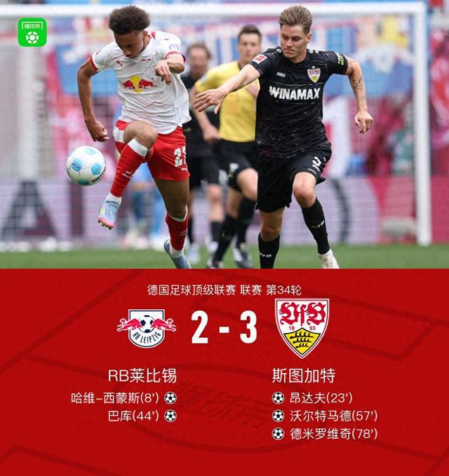 莱比锡斯图加特失欧战资格，西蒙斯破门难回天。
